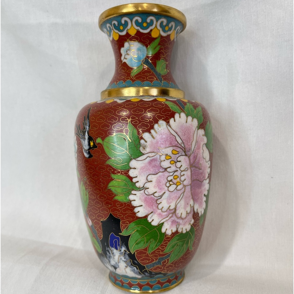 Vintage red and floral cloisonné vase